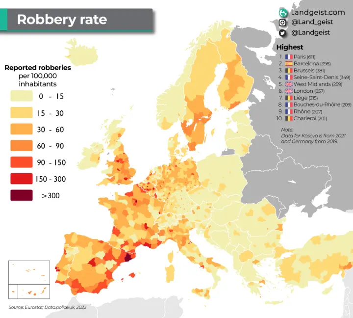 Heatmap of Europe showing robbery rates by region (Source: Eurostat, 2002)